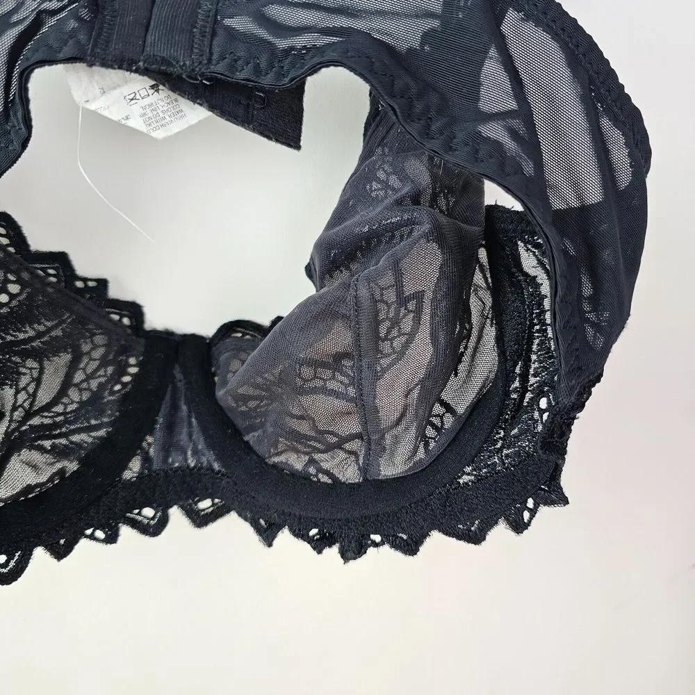 Bali Black Lace Unpadded Underwire Bra 3314 Size 34C Sheer Mesh Feminine‎